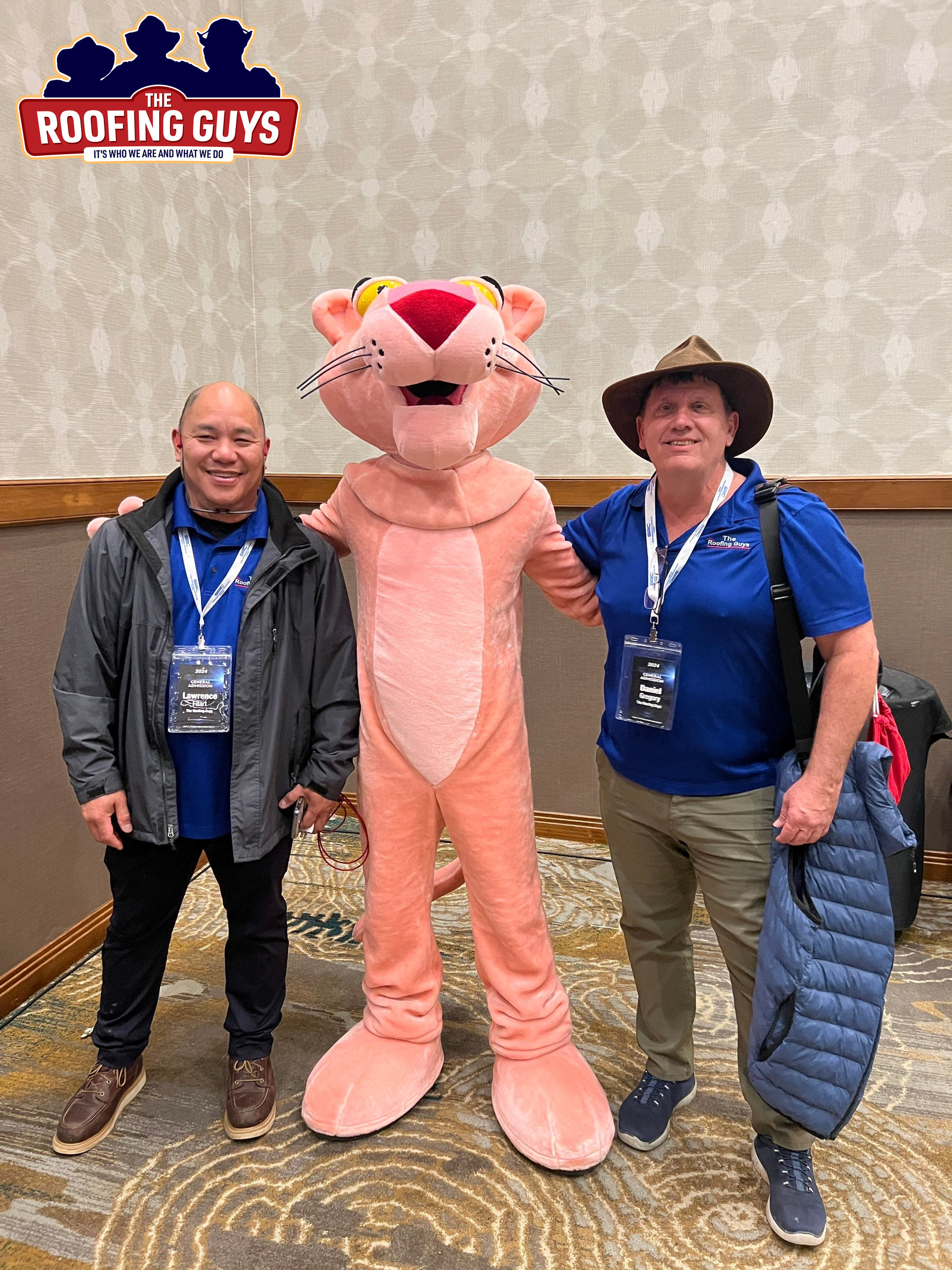 Two of the roofing guys with the Owens Corning Pink Panther